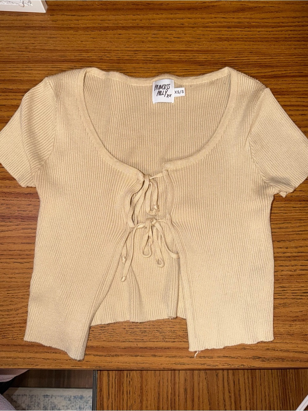 Princess Polly Beige Ribbed Lace-Up Crop Top
